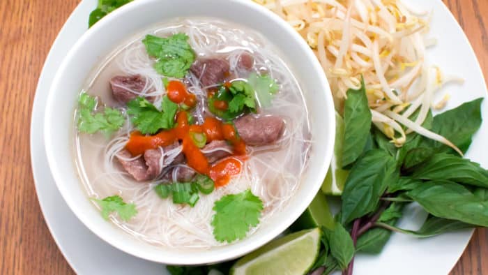 A flavourful soup that is classic in Vietnamese cuisine. The broth is made with a beef bone and some asian spices.