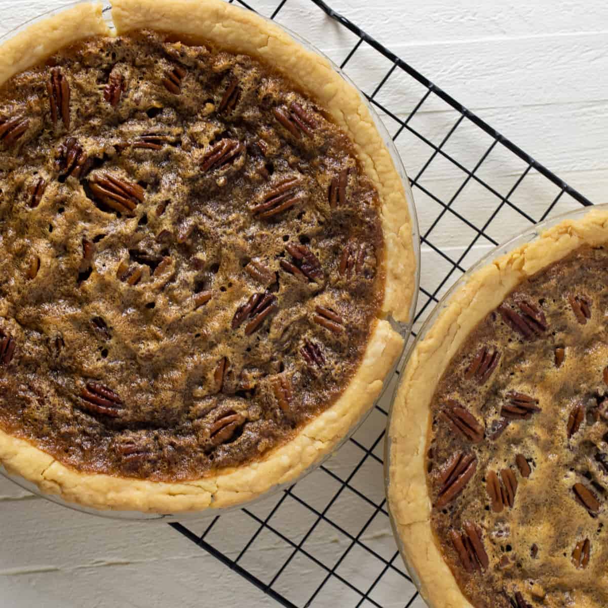 Overhead picture of two pecan pies.